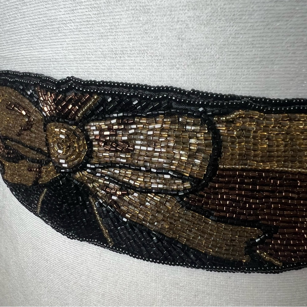 VTG 90s Hand Beaded Tie Belt Art Deco Boho Waist Sash Black Gold Destinee Glam - Picture 5 of 10